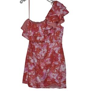 DO+BE Floral One‎ Shoulder Ruffle Dress Party Cocktail Pink White S